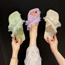 Fashion Summer New Lace Lace Slides Candy Colors Slippers Women Outer Wear Bling Slides Square Heel Low 1cm-3cm Breathable Solid 2024 - buy cheap