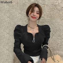 Woherb Sexy Slim Sweater Women Zipper Square Collar Puff Sleeve Pullover Jumpers Female Casual Streetwear Ropa Mujer Chic Tops 2024 - buy cheap