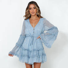 Ardm Fashion Ruffled Floral Print Dresses For Women 2021 Lace Up V Neck Flare Sleeve Mini Dress Sweet Chiffon Boho Party Dress 2024 - buy cheap