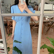 Women Summer Blue Elegant High Waist A-line Long Shirt Dress Bodycon Small Heart Shape Midi Sundress 2024 - buy cheap