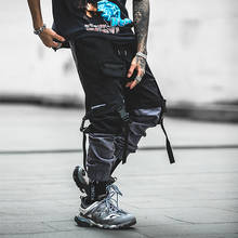 Хлопковые брюки-карго Pachwork 2020, уличная одежда в стиле хип-хоп, штаны для бега с лентами, мужские черные повседневные спортивные брюки в японском стиле, модные 2024 - купить недорого
