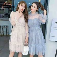Cotday Mesh Lace Fair Sequins Loose Hollow Out Lantern Sleeve Ball Gown Fairy Frenulum Korea Women Dresses 2024 - buy cheap