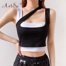 ArtSu Parchwork White Black Sleeveless Tanks Top Women Fitness Irregular Casual Crop Top Tees Harajuku Summer Streetwear 2020 2024 - buy cheap