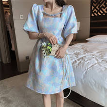 Puff Sleeve Female Summer 2021 Korean Loose French Retro Blue Square Collar Fashion Elegant Party Kawaii Chic Dress Female 2024 - buy cheap