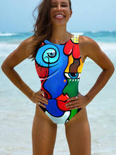 Um pedaço de maiô halter impressão mulheres banho 2021 sexy feminino brasileiro fatos de banho bodysuit beach wear sem costas monokini 2024 - compre barato