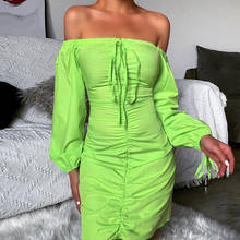 BKLD сексуальное Бандажное платье на завязках, женское зеленое Клубное платье с вырезом лодочкой и длинным рукавом 2020, новая мода, мини платье с открытыми плечами и рюшами 2024 - купить недорого