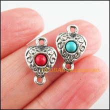 20 novidades pingentes de coração tibetanos tom de prata vermelho & azul pedra conector de flor 10x15mm 2024 - compre barato