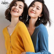 V-neck Women Sweater Loose Long Sleeve Sweater Knit Slim Cardigan Autumn Winter 2022 Single-Breasted Solid Office Lady 10329 2024 - buy cheap