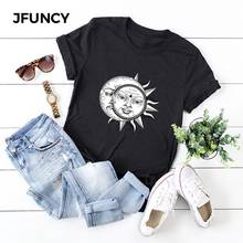 JFUNCY-camisetas de talla grande para mujer, camisa con estampado de Luna y sol, 100% algodón, manga corta, camisetas para mujer 2020 2024 - compra barato