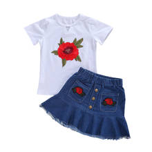 Pudcoco bebê roupas de verão infantil crianças meninas 2 pçs conjunto moda rosa bordado curto sleevet-camisa topo + denim saia curta 1-7y 2024 - compre barato