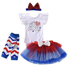 4 pçs roupa do dia da independência do bebê, letras imprimir manga curta macacão + tutu saia + perna mais quente bandana para meninas da criança 2024 - compre barato