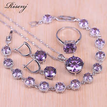 Risenj-Conjunto de joyería de plata de ley 925 para mujer, conjunto de pendientes de circonita púrpura redonda, anillo, collar, bonito regalo 2024 - compra barato