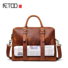 AETOO Men's crazy horse skin handbag, leather high-capacity computer bag, cowhide shoulder-to-shoulder cross briefcase. 2024 - buy cheap