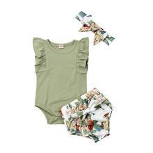 Conjunto de Ropa para Niñas recién nacidas, Pelele de manga con volantes, pantalones cortos florales, diadema, traje de algodón, ropa para bebés de 0 a 24 meses, 3 uds. 2024 - compra barato