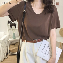 LYZCR Sexy-Camiseta con cuello en V para mujer, Camiseta holgada de Color sólido para mujer, ropa coreana para mujer, camisetas Harajuku, camisetas 2021 2024 - compra barato