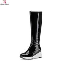 Intención Original punta redonda cuñas blancas estilo deportivo botas de media pantorrilla negro charol zapatos de alta calidad mujer tamaño 4-9 2024 - compra barato