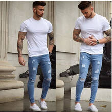 Мужские джинсы стрейч, потертые рваные джинсы, простые зауженные джинсы для мужчин, 2019 2024 - купить недорого