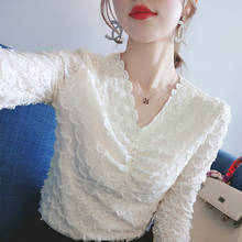 Blouse Women New V-neck Pearl Buckle Lace Shirt Long Sleeve Top Blusas Mujer De Moda 2024 - buy cheap