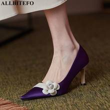 ALLBITEFO-Plantilla de piel de oveja para mujer, zapatos de tacón alto de seda auténtica con diseño de flores, a la moda, sexys, para fiesta y boda 2024 - compra barato