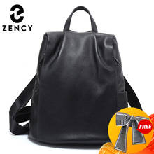 Zency-mochila negra de piel auténtica para mujer, bolso de viaje práctico, grande, escolar, a la moda, para ordenador portátil, 100% 2024 - compra barato