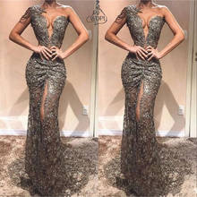 Sexy Mermaid Split 2020 Prom Dresses Long One Shoulder Short Sleeve Beads Lace robe de soiree Evening Dress See Through Gowns 2024 - buy cheap