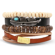 Kinfolk pulseiras de couro masculinas, braceletes com penas multicamadas trançadas, feitas à mão 2024 - compre barato