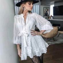 Super Chic white long sleeve dress for women ruffle spring autumn dress embroidery V-neck summer dress belted mini boho dress 2024 - buy cheap