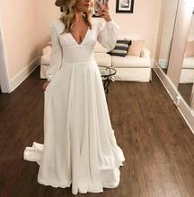 Vintage Long Sleeve Satin A-line Wedding Dresses Custom Floor Length Zipper Back V-Neck Sweep Train Bridal Gowns for Women 2024 - buy cheap