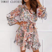 Women Long Sleeve V Neck Floral Print Layered Ruffle Mini Dress 2024 - buy cheap