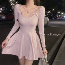 Pink long-sleeved knitted dress for women winter new style Korean spaghetti sexy off shoulder short mini dresses 2024 - buy cheap