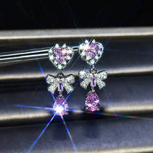 Chic Sweet Heart Bowknot Pink Crystal Zircon Diamonds Gemstones Drop Earrings for Women White Gold Color Jewelry Trendy Gifts 2024 - buy cheap