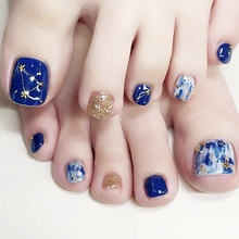 Beautiful starry sky of blue and golden hit pure color false nails for toe Summer cute toe nails french 24pcs with glue 2024 - buy cheap