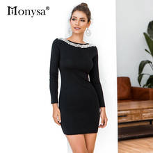 Sexy Knitted Dresses Women New Arrival 2019 Autumn Long Sleeve Fashion Beading Pencil Dress Ladies Black Bodycon Mini Dress 2024 - buy cheap