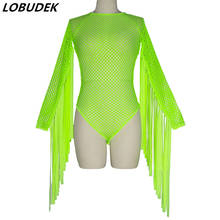 Women Neon Green Tassels Sleeve Fringe Bodysuit Sexy Hollow Out Stage Costume Bar Nightclub DJ Pole Dancing Dance Bodysuits 2024 - buy cheap