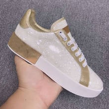 Gold Color Mix Patent Prints Sneakers Fashion Flat Lace Up Women Shoes Round Toe White Casual Ladies Autumn Leather Shoes 2024 - buy cheap