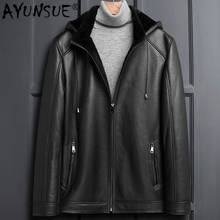 AYUNSUE мужская кожаная куртка, зимнее пальто из натуральной овечьей кожи, куртка с капюшоном из овчины LSY1102 KJ3822 2024 - купить недорого