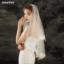 Janevini 2021 elegante 2 camadas curto véus de noiva com pente de renda apliques borda tule welon marfim véu feminino acessórios de casamento 2024 - compre barato