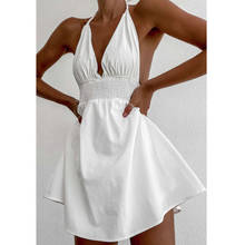 Vestido corto femenino de verano con cuello Halter y cordones, minivestido blanco elegante con Espalda descubierta, cintura alta, acampanado 2024 - compra barato