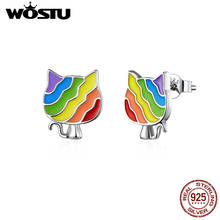 WOSTU Real 925 Sterling Silver Rainbow Cute Cat Stud Earrings For Women Lovely Small Earrings Engagement Jewelry CQE823 2024 - buy cheap