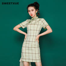 SWEETXUE Women's Retro Improved Literary Girl Plaid Cheongsam Chinese Style Kawaii Daily Student Dresses Female 2024 - buy cheap