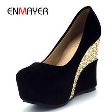 Enmeyer-zapatos de tacón con cuña para mujer, calzado de tacón con correa en el tobillo, punta redonda, para boda, 4 colores, Primavera/otoño 2024 - compra barato