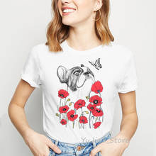 Funny Pug With Poppies Art Print women shirts female kawaii t shirt dog lover clothes camisas mujer tops tees drop shipping 2024 - buy cheap