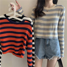 Striped Knit Top Safra de Verão Outono Manga Longa Das Mulheres Do Vintage Encabeça Coreano Das Meninas Das Senhoras Preto Vermelho Azul Top Curto Tee 2024 - compre barato