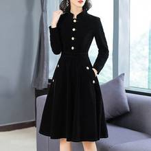 2022 Fashion Dress Women Long Sleeve Stand Collar Slim Pleuche A Word Dress Black Long Dresses OL Office Lady Temperament Dress 2024 - buy cheap