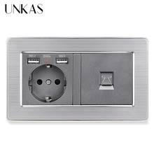 UNKAS Stainless Steel Panel EU Standard Socket With 2 USB Charge Port + RJ11 Telephone Connector Jack 146MM * 86MM Outlet 2024 - buy cheap