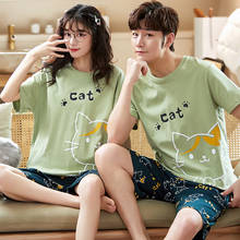 Summer Cotton Pajamas Set Cute Cats Print Cattoon Women Nightwear Fashion Green Plus Size O-Neck Short Sleeve Couple Homewear 2024 - buy cheap