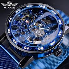 Relógio winner transparente, fashion, mostrador de diamante, relógio mecânico, azul, de aço inoxidável, pulseira de malha luminosa, relógio de pulso de esqueleto de mão 2024 - compre barato