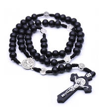Religious Black Wooden Cross Pendant Rosary Necklaces Jesus Saint Benedict Long Beaded Chain Necklace for Men Women Jewelry 2024 - buy cheap