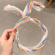 Girls Rainbow Net Yarn Scarf Headwear Cute Ear Rabbit Metal Wire DIY Bow Headband kids Twist Hair Bands Girls Hair Accessories 2024 - buy cheap