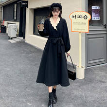 Spring Women's Dress With Belt Bandage Long Dress Black Long Sleeve Elegant Female Vintage Office Lady Split Vestidos 2024 - buy cheap